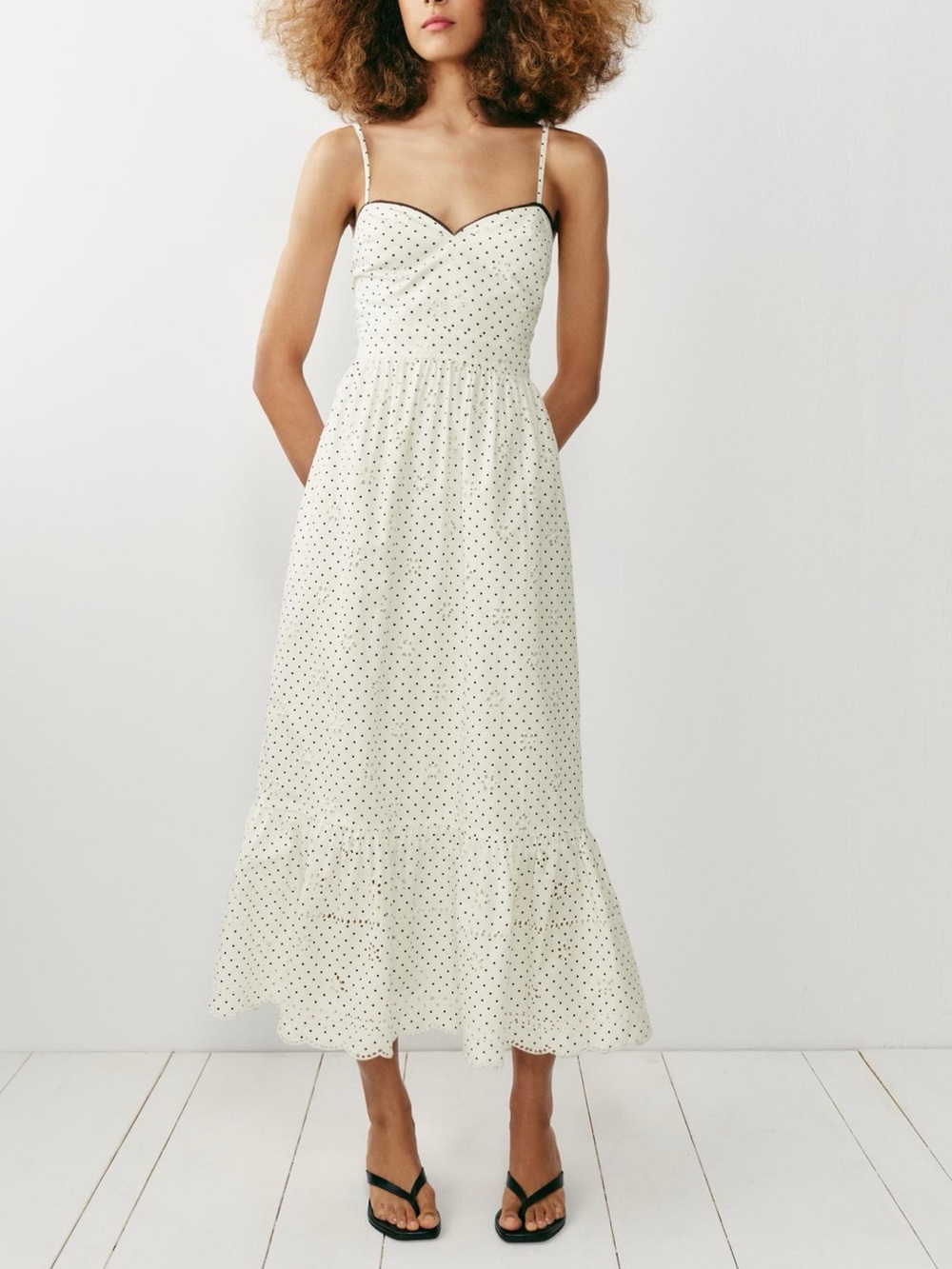 NWT Zara Printed Embroidered Eyelet Midi Dress Ecru Navy M